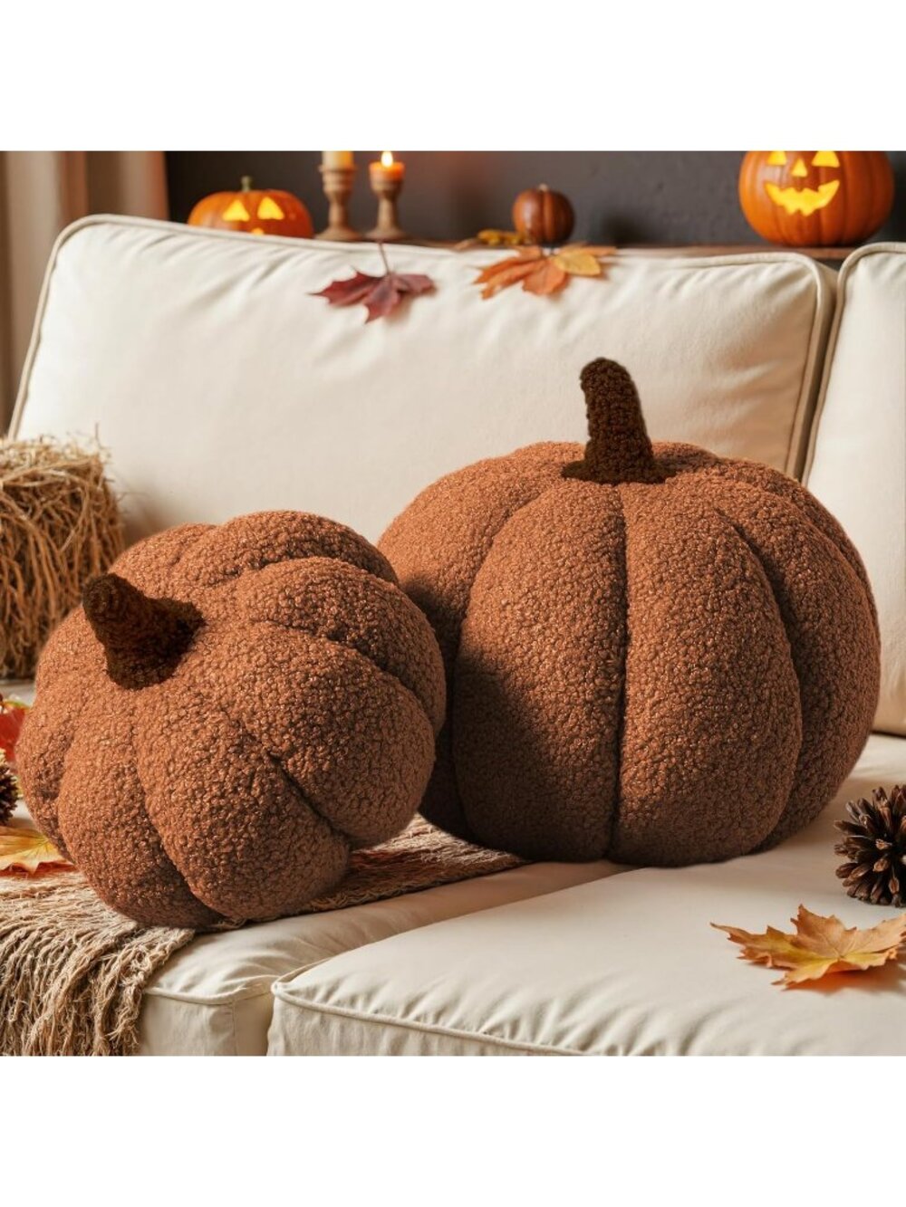 Set of 2 Brown Fall Pumpkin Pillows Halloween Decoration Soft Fleece Sherpa